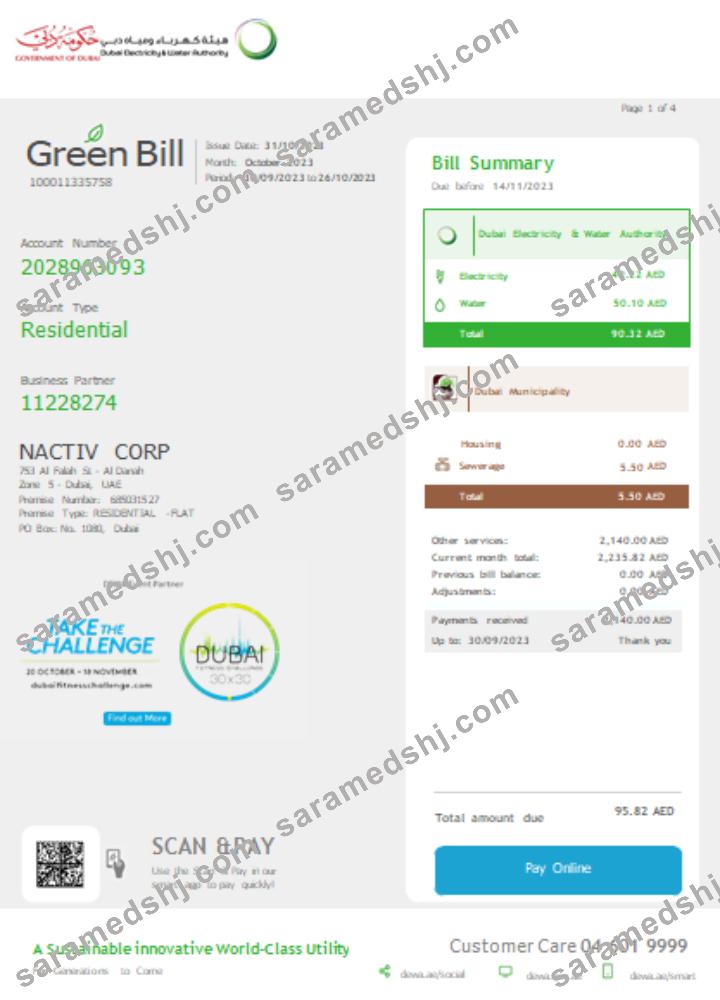 Dubai Electricity & Water Authority utility business bill SCR page 1